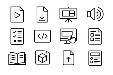 Course Content Icons. Line style icons of course content types: video file, PDF download, slide presentation, audio clip, quiz