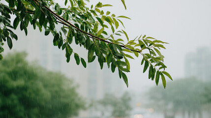 Rainy Day with Green Leaves in the Foreground