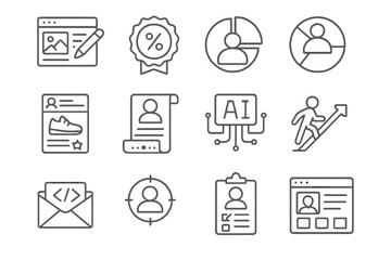 Personalization Marketing Icons. Line style icons of personalization in marketing: dynamic content icon, personalized offer badge,