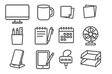 Desktop Work Essentials. Line style icons of desktop workspace items: monitor screen, keyboard and mouse, office mug, sticky notes