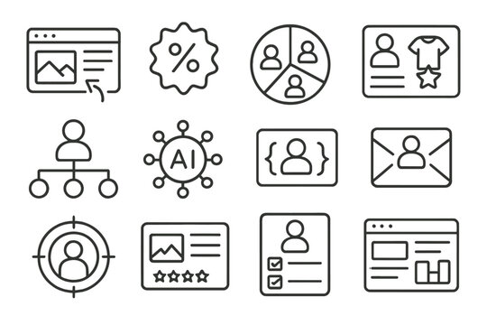 Personalization Marketing Icons. Line style icons of personalization in marketing: dynamic content icon, personalized offer badge,