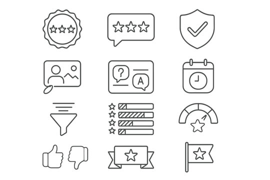 Product Review Icons. Line style icons of product reviews and ratings: 5-star badge, review comment box, verified purchase icon,