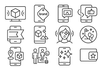 AR Advertising Icons. Line style icons of AR advertising and branding: interactive billboard icon, brand tag overlay, AR pop-up