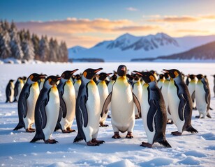 Obraz premium Penguin orchestra performing on a frozen lake. Whimsical, playful, and imaginative, perfect for illustration, fantasy, children’s projects, and creative storytelling.
