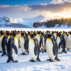 Obraz premium Penguin orchestra performing on a frozen lake. Whimsical, playful, and imaginative, perfect for illustration, fantasy, children’s projects, and creative storytelling.