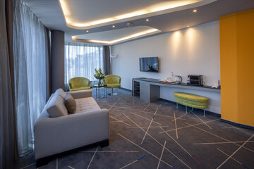 Interior of a modern hotel room with contemporary furniture