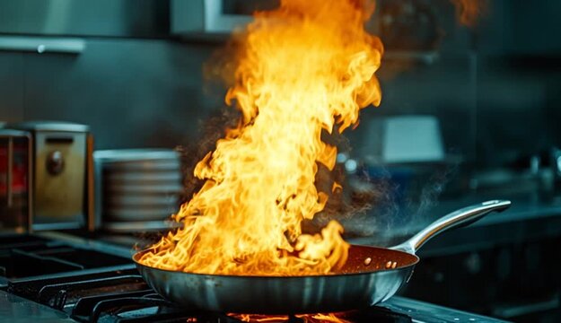 Frying pan with flames leaping from it in a dramatic kitchen accident showcasing fire hazard