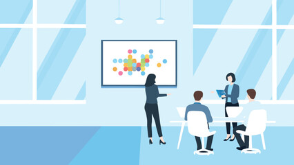 Business meeting with presentation of colorful abstract art in a bright modern office space setting