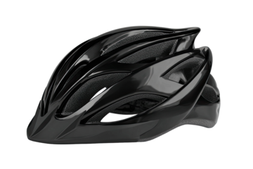 Glossy black bicycle helmet, featuring a ventilated, aerodynamic design.  The shell is a smooth, dark black, with a noticeable sculpted, patterned exterior