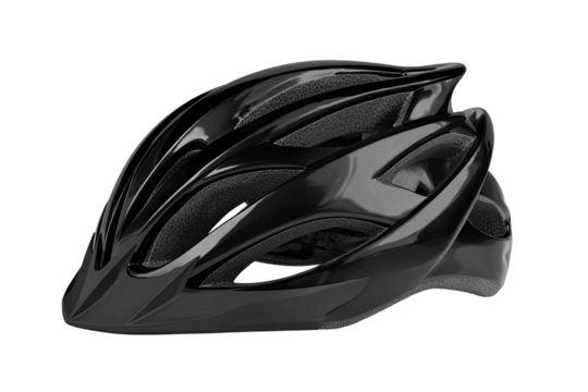 Glossy black bicycle helmet, featuring a ventilated, aerodynamic design.  The shell is a smooth, dark black, with a noticeable sculpted, patterned exterior