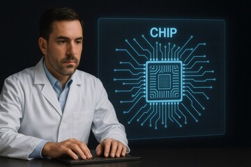 Engineer developing innovative microchip technology on computer