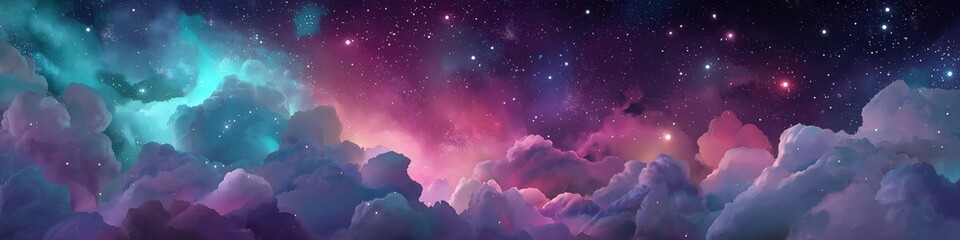 fantasy sky panorama with colorful clouds and stars