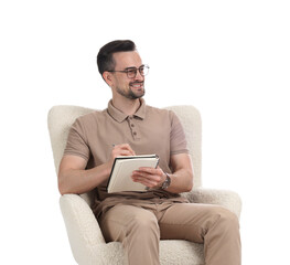 Professional psychologist with notebook in armchair on white background
