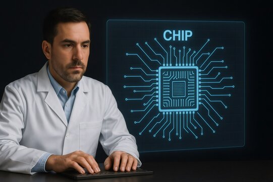 Engineer developing innovative microchip technology on computer
