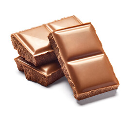 close up of chocolate pieces stack  on white background