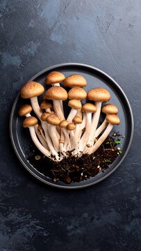 A plate of mushrooms with earth