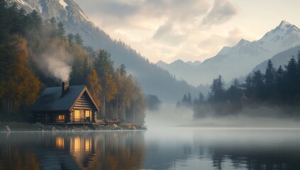 Fototapeta premium Tranquil Lakeside Cabin Retreat Amidst Misty Mountains and Autumnal Hues