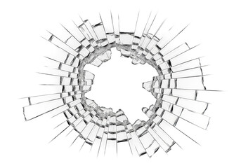Obraz premium Transparent, shattered glass fragments with intricate cracks radiating from a central impact point, forming an irregular void for copy, isolated on a transparent background, top-down view, strong