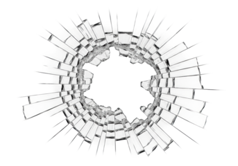 Transparent, shattered glass fragments with intricate cracks radiating from a central impact point, forming an irregular void for copy, isolated on a transparent background, top-down view, strong