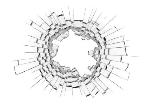 Transparent, shattered glass fragments with intricate cracks radiating from a central impact point, forming an irregular void for copy, isolated on a transparent background, top-down view, strong
