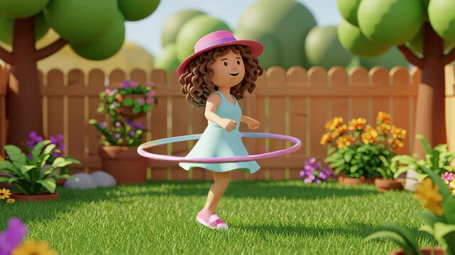 3D cartoon girl exercising with a hula hoop in a vibrant garden setting
