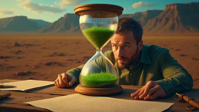 a man look at hourglass that one day he will success his dream 
