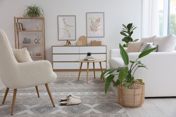 Stylish sofa and other furniture in living room. Interior design