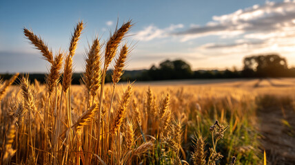 Obraz premium Golden wheat field under clear blue sky with sunlight casting warm hues, creating serene and peaceful atmosphere. horizon is dotted with trees, adding depth to rural landscape