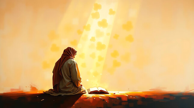 a person sit near the scripture the meaning is when you learn and truely understand will be calm and peace 
