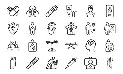Healthcare and Medical Line Icon Pack – Virus Test, Nurse, Health Report, Mobile Medicine App, Injection, Thermometer, Mental Health, Health Law, and Emergency Equipment Symbols

