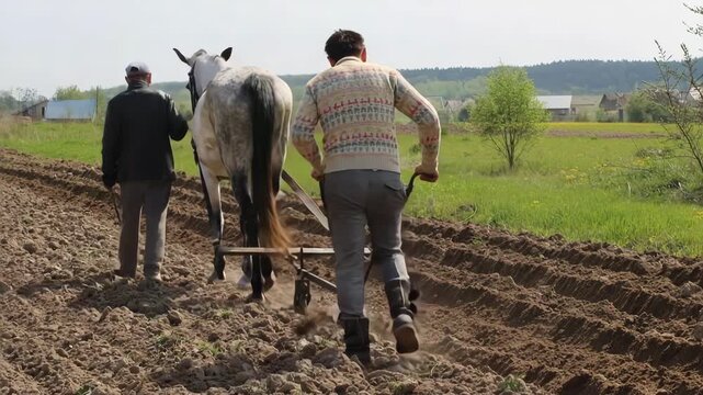 Peasants plow fields with horse and plow in rural landscape
