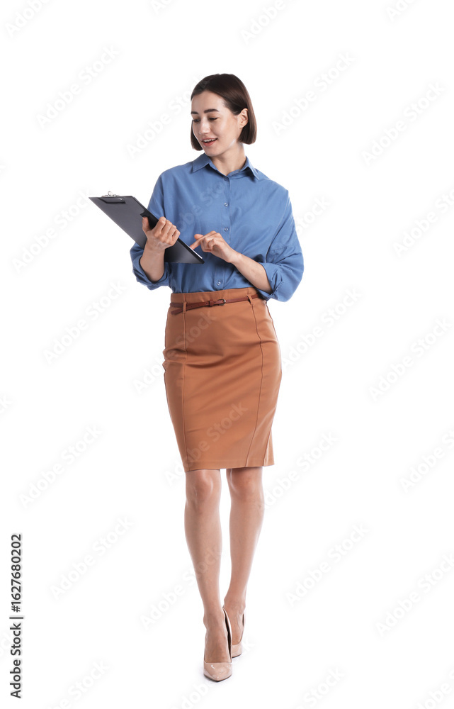 Poster smiling hostess in uniform with clipboard on white background