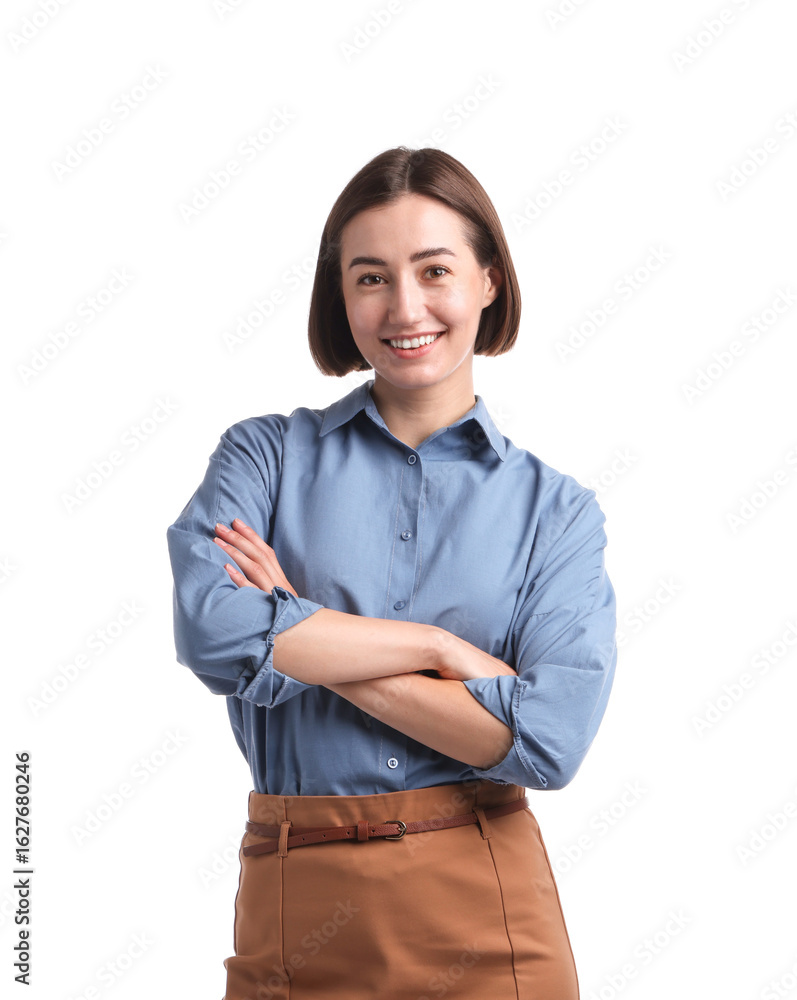 Poster portrait of smiling hostess in uniform on white background