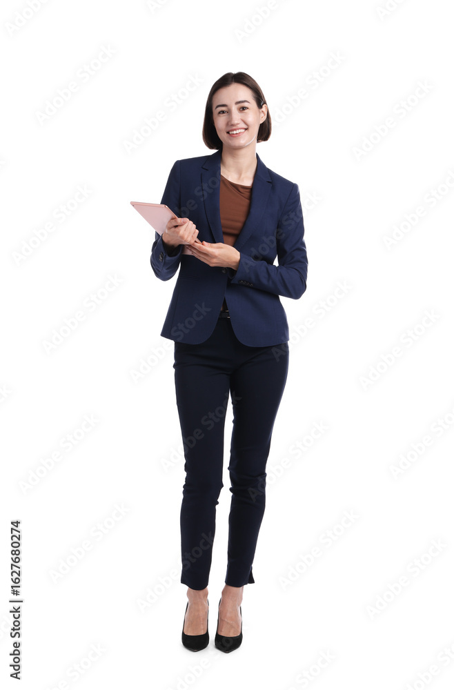 Aufkleber smiling hostess in uniform with tablet on white background