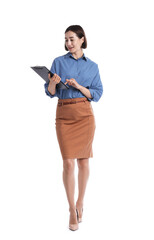 Smiling hostess in uniform with clipboard on white background
