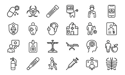 Healthcare and Medical Line Icon Pack – Virus Test, Nurse, Health Report, Mobile Medicine App, Injection, Thermometer, Mental Health, Health Law, and Emergency Equipment Symbols

