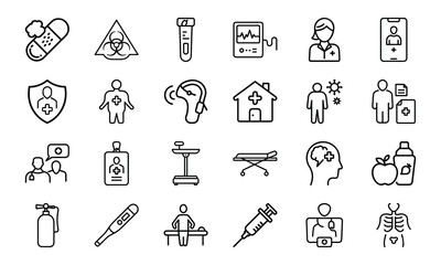 Healthcare and Medical Line Icon Pack – Virus Test, Nurse, Health Report, Mobile Medicine App, Injection, Thermometer, Mental Health, Health Law, and Emergency Equipment Symbols

