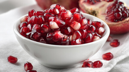 Fresh pomegranate seeds in white bowl on white cloth, vibrant and juicy