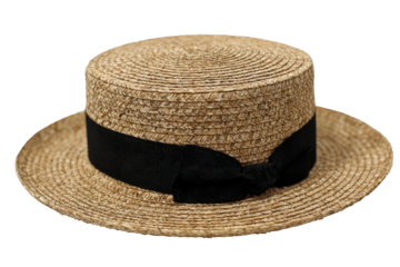 A light beige straw boater hat with a black ribbon bow