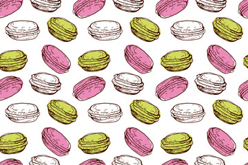 Seamless pattern with green and pink Macarons sketch. Dissert repeated Vector illustration. Food template for cafe, restaurant menu, textile, wallpaper, scrapbooking, wrapping paper