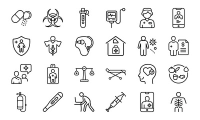 Healthcare and Medical Line Icon Pack – Virus Test, Nurse, Health Report, Mobile Medicine App, Injection, Thermometer, Mental Health, Health Law, and Emergency Equipment Symbols

