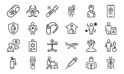 Healthcare and Medical Line Icon Pack &ndash; Virus Test, Nurse, Health Report, Mobile Medicine App, Injection, Thermometer, Mental Health, Health Law, and Emergency Equipment Symbols

