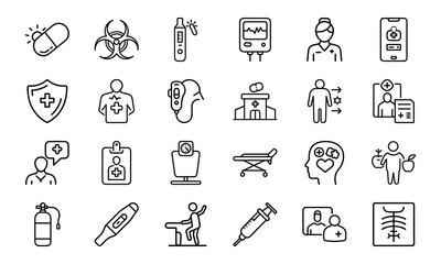 Healthcare and Medical Line Icon Pack – Virus Test, Nurse, Health Report, Mobile Medicine App, Injection, Thermometer, Mental Health, Health Law, and Emergency Equipment Symbols


