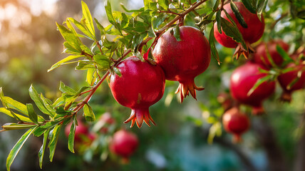 Ripe pomegranates hanging on tree branch with green leaves in sunlight