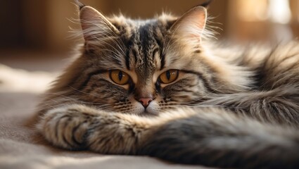 Close up portrait of a fluffy long haired tabby cat with amber eyes resting indoors