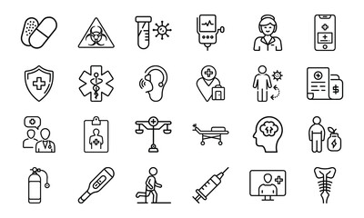 Healthcare and Medical Line Icon Pack – Virus Test, Nurse, Health Report, Mobile Medicine App, Injection, Thermometer, Mental Health, Health Law, and Emergency Equipment Symbols

