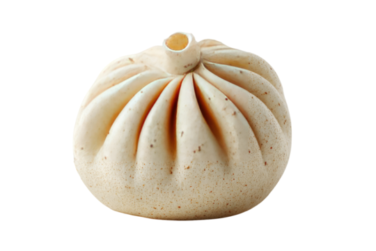 Close-up of a light beige, round, steamed bun.  Pleated surface, small speckles.  Small spout at the top.  Isolated against black