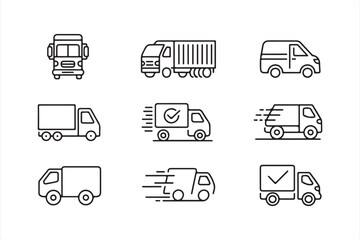 Set of delivery truck icons for logistics, transportation, shipping, and cargo services, ideal for logistics apps and websites