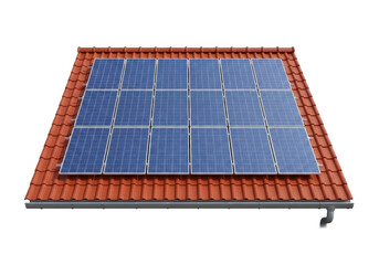 A precisely detailed section of a traditional red terracotta tiled roof with neatly arranged shiny blue photovoltaic solar panels and a clean dark gutter, isolated on a transparent background under