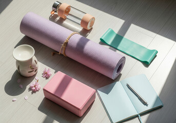 Wellness and self-care concept with yoga equipment for a home workout